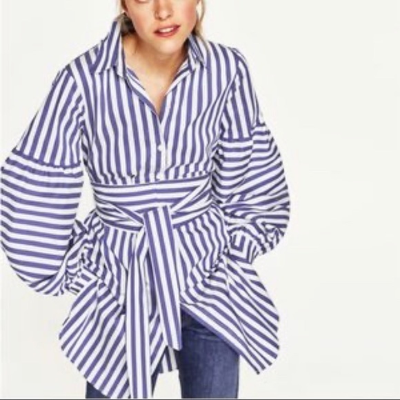 Zara Tops - ZARA Blue Striped Puffy Sleeve Belted Tunic Top